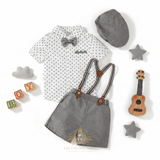 Boys Oxford Button Down Shirt Shorts Bow Tie & Suspenders 5-Piece Matching Set White & Gray Polkadots