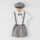 Boys Oxford Button Down Shirt Shorts Bow Tie & Suspenders 5-Piece Matching Set White & Gray Polkadots