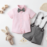 Boys Oxford Button Down Shirt Shorts Bow Tie & Suspenders 4-Piece Matching Set Pink & Gray