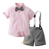 Boys Oxford Button Down Shirt Shorts Bow Tie & Suspenders 4-Piece Matching Set Pink & Gray