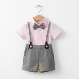 Boys Oxford Button Down Shirt Shorts Bow Tie & Suspenders 4-Piece Matching Set Pink & Gray