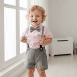 Boys Oxford Button Down Shirt Shorts Bow Tie & Suspenders 4-Piece Matching Set Pink & Gray