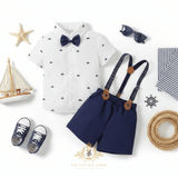 Boys Oxford Button Down Shirt Shorts Bow Tie & Suspenders 4-Piece Matching Set Navy Blue & White Sailboats