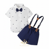 Boys Oxford Button Down Shirt Shorts Bow Tie & Suspenders 4-Piece Matching Set Navy Blue & White Sailboats
