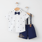 Boys Oxford Button Down Shirt Shorts Bow Tie & Suspenders 4-Piece Matching Set Navy Blue & White Sailboats