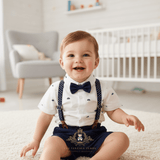 Boys Oxford Button Down Shirt Shorts Bow Tie & Suspenders 4-Piece Matching Set Navy Blue & White Sailboats