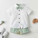 Boys Oxford Button Down Shirt Shorts & Bow Tie 3-Piece Matching Set White & Green