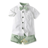 Boys Oxford Button Down Shirt Shorts & Bow Tie 3-Piece Matching Set White & Green