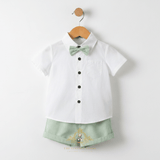 Boys Oxford Button Down Shirt Shorts & Bow Tie 3-Piece Matching Set White & Green
