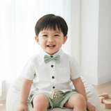 Boys Oxford Button Down Shirt Shorts & Bow Tie 3-Piece Matching Set White & Green