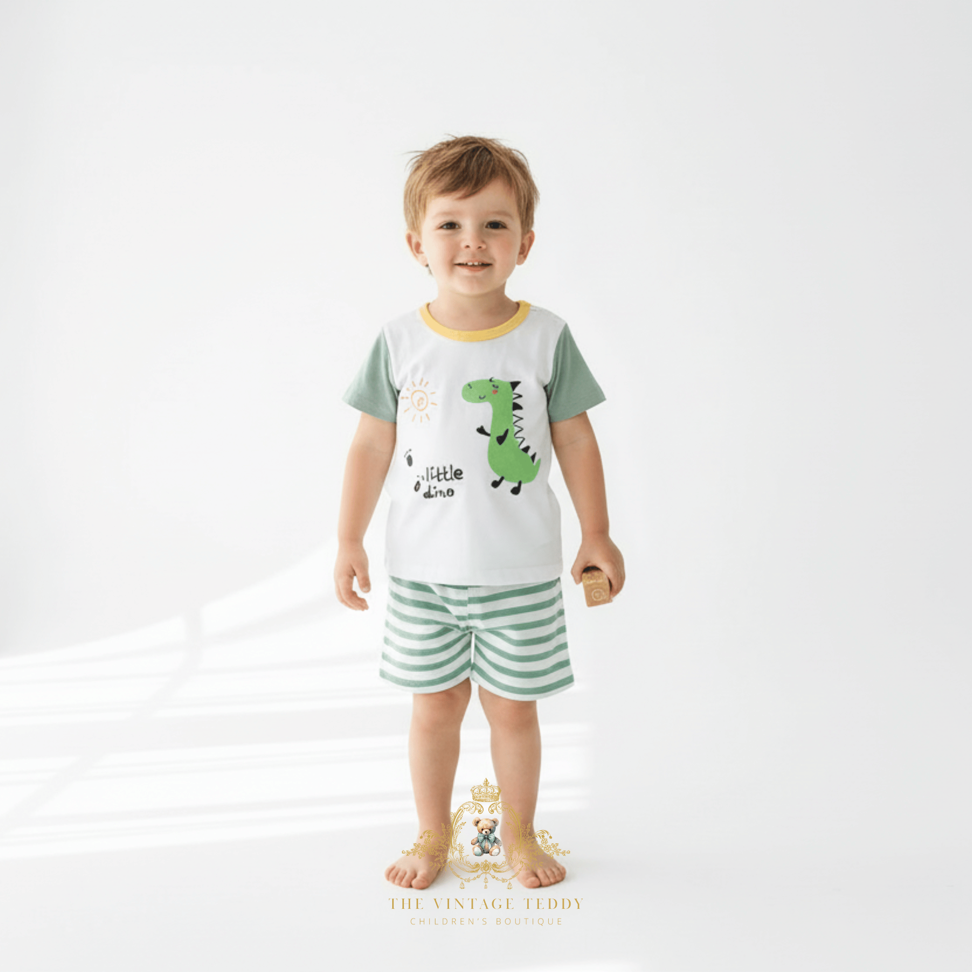 Toddler model wearing dinosaurs t-shirt and shorts boys matching set, cute kids clothes for summer