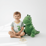 Toddler wearing Little Dino 2-piece matching set for boys summer outfit, kids clothes, sitting with dinosaurs plush toy