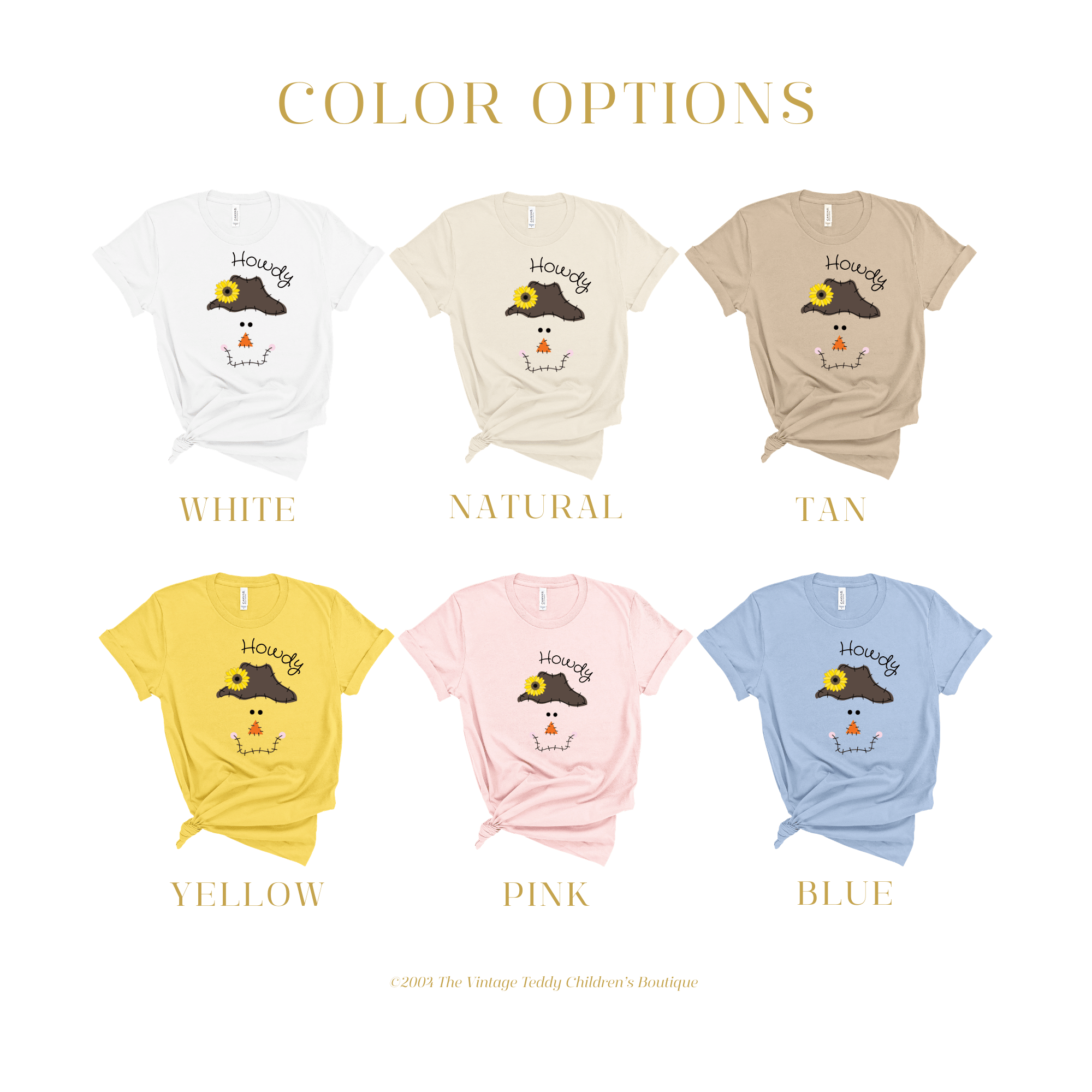 Collection of kids t-shirts custom made by The Vintage Teddy Children's Boutique in different colors options with a scarecrow printed design on a white background.
