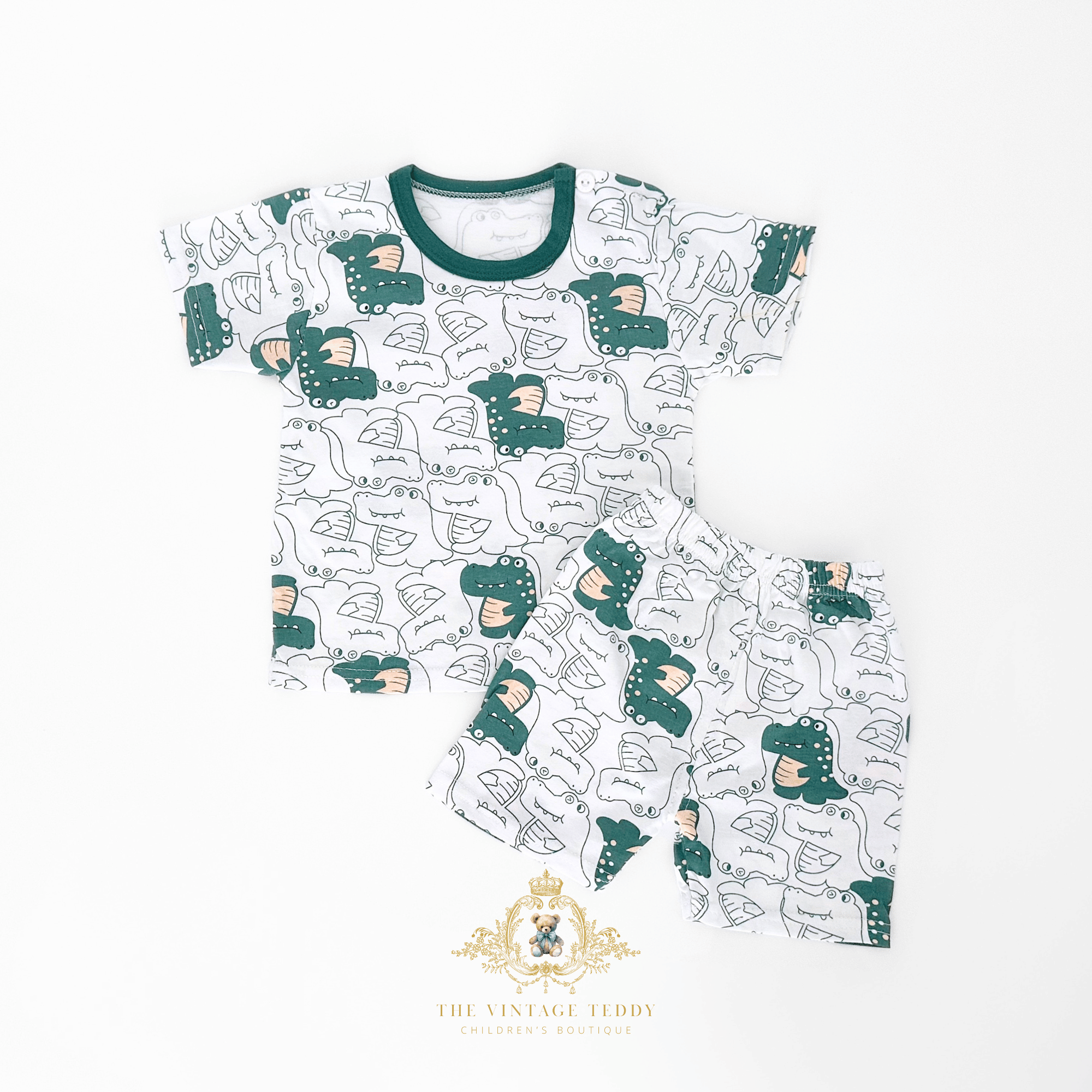 Boys alligator graphic t-shirt front view white and green matching set children's boutique clothes
