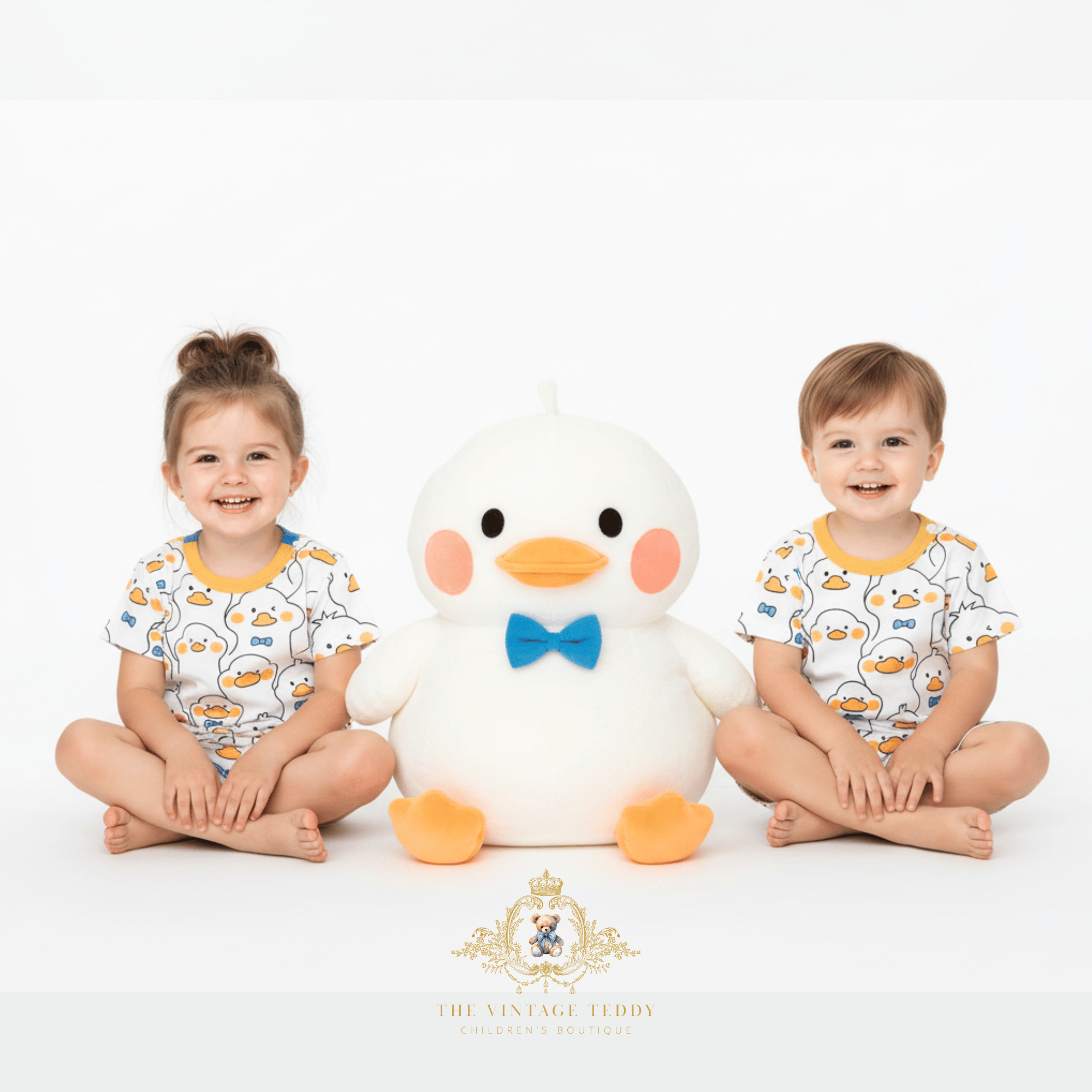 Two children in matching Mr. Duck top & shorts sitting with a large plush duck toy on a white background, models for The Vintage Teddy Children's Boutique