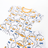 Kids Mr. Duck t-shirt front closeup view yellow blue white 2-piece matching outfit for toddlers boutique kids clothes