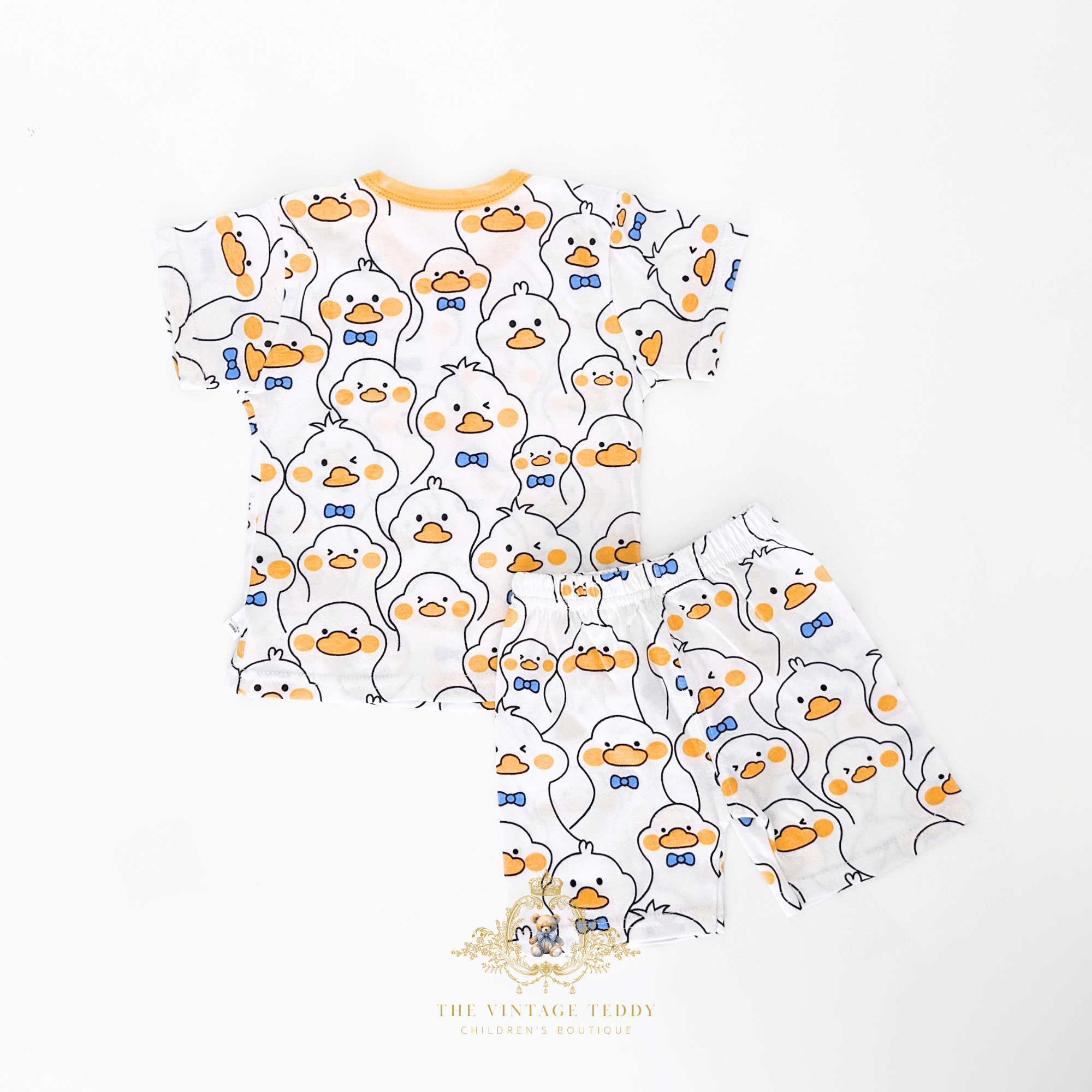 Kids Mr. Duck t-shirt back view yellow blue white 2-piece matching set for toddlers kids boutique clothes