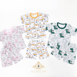 Kids alligator, bunny, duck print t-shirt and shorts flat lay multicolors toddler summer set for kids