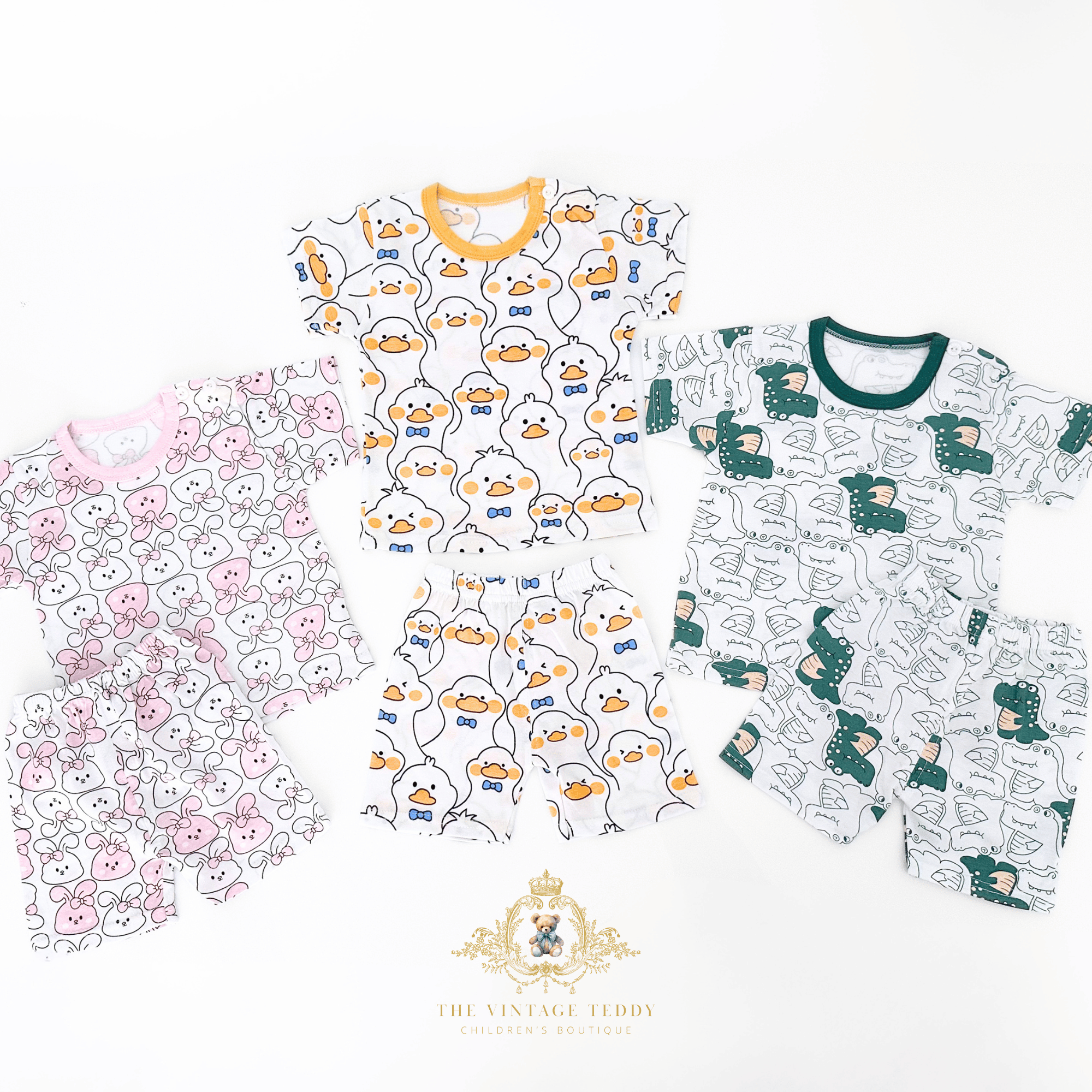 Kids alligator, bunny, duck print t-shirt and shorts flat lay multicolors toddler summer set for kids