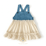 Girls Denim & Lace Overalls Dress Bohemian Country Eyelet Embroidery Blue & Cream