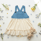 Girls Denim & Lace Overalls Dress Bohemian Country Eyelet Embroidery Blue & Cream