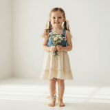 Girls Denim & Lace Overalls Dress Bohemian Country Eyelet Embroidery Blue & Cream