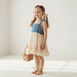 Girls Denim & Lace Overalls Dress Bohemian Country Eyelet Embroidery Blue & Cream