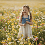 Girls Denim & Lace Overalls Dress Bohemian Country Eyelet Embroidery Blue & Cream