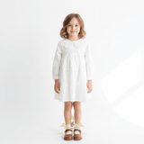 Girls Long Sleeve Eyelet Embroidered Lace Bib Collar Dress White