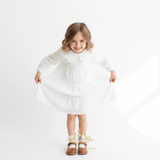 Girls Long Sleeve Eyelet Embroidered Lace Bib Collar Dress White