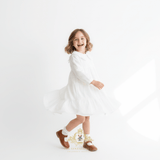 Girls Long Sleeve Eyelet Embroidered Lace Bib Collar Dress White