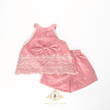 Girls Matching Set Blouse & Shorts Eyelet Embroidered Lace Blush