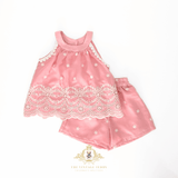 Girls Matching Set Blouse & Shorts Eyelet Embroidered Lace Blush