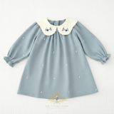 Girls Floral Embroidered Corduroy Long Sleeve Dress Cornflower Blue