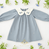 Girls Floral Embroidered Corduroy Long Sleeve Dress Cornflower Blue