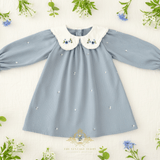 Girls Floral Embroidered Corduroy Long Sleeve Dress Cornflower Blue