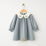 Girls Floral Embroidered Corduroy Long Sleeve Dress Cornflower Blue