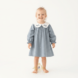 Girls Floral Embroidered Corduroy Long Sleeve Dress Cornflower Blue