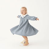 Girls Floral Embroidered Corduroy Long Sleeve Dress Cornflower Blue