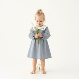 Girls Floral Embroidered Corduroy Long Sleeve Dress Cornflower Blue