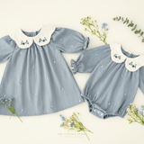 Girls Floral Embroidered Corduroy Long Sleeve Romper Cornflower Blue