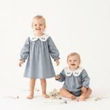 Girls Floral Embroidered Corduroy Long Sleeve Dress Cornflower Blue