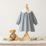 Girls Floral Embroidered Corduroy Long Sleeve Dress Cornflower Blue