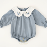 Girls Floral Embroidered Corduroy Long Sleeve Romper Cornflower Blue