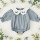Girls Floral Embroidered Corduroy Long Sleeve Romper Cornflower Blue