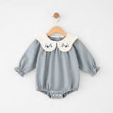 Girls Floral Embroidered Corduroy Long Sleeve Romper Cornflower Blue