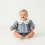 Girls Floral Embroidered Corduroy Long Sleeve Romper Cornflower Blue