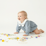 Girls Floral Embroidered Corduroy Long Sleeve Romper Cornflower Blue