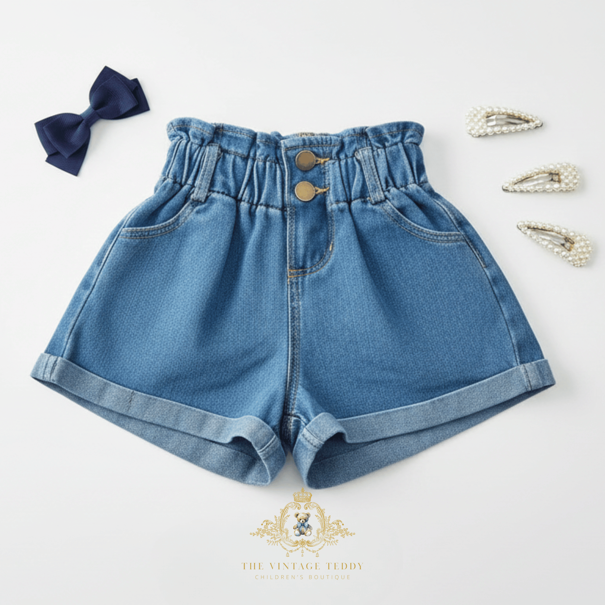 A pair of high-waisted blue denim kids shorts with a gathered elastic waistband, two front buttons, and rolled hems, styled on a white background with a navy bow, pearl hair clips, and a brand watermark at the bottom.