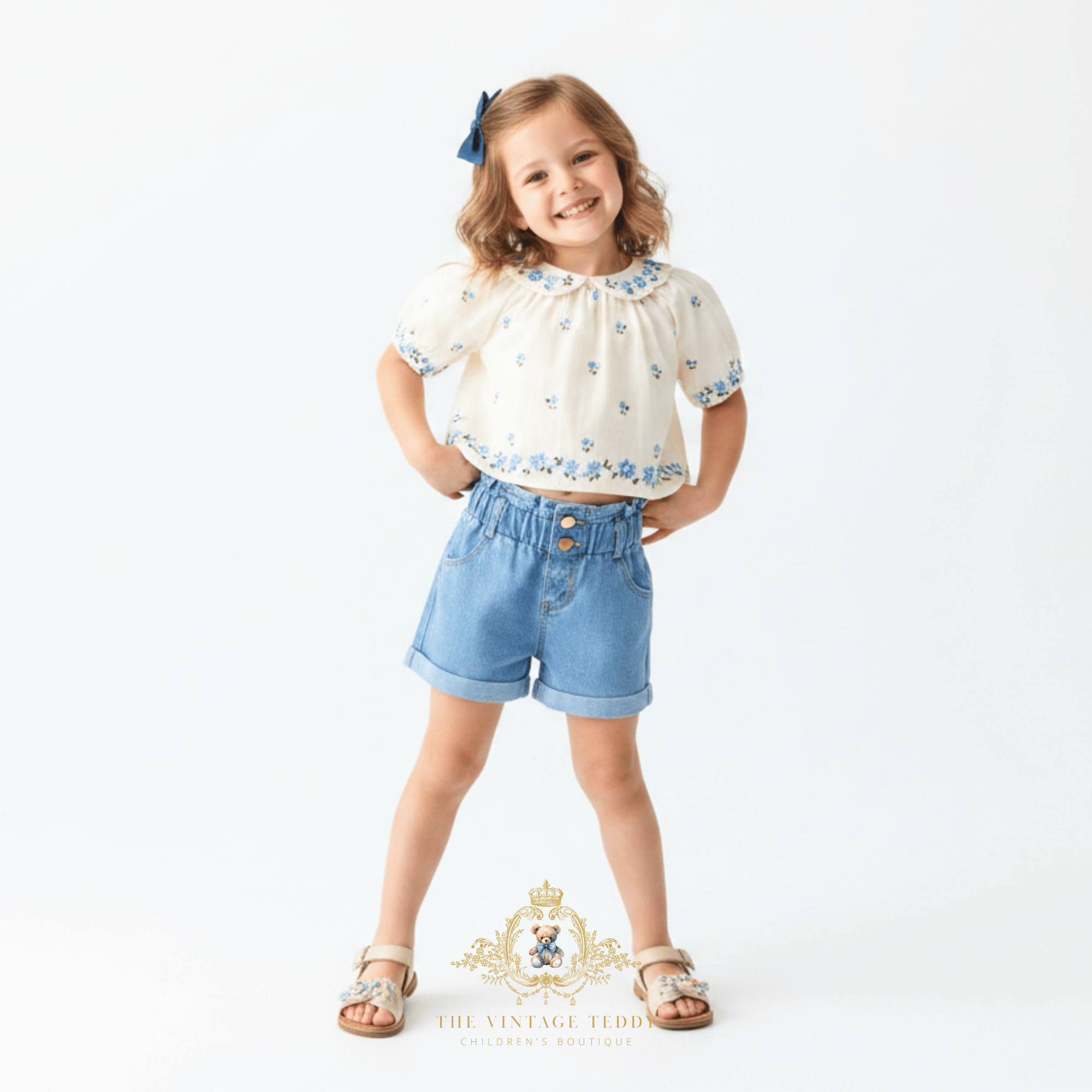 A young girl stands against a white studio background wearing a cream puff-sleeve top with blue floral embroidery and blue denim shorts, along with light brown sandals and a blue hair bow. A watermark logo for The Vintage Teddy Clothing Store is visible at the bottom.